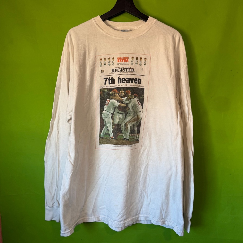 Vintage Anaheim Angels 2002 World Series Newspaper Shirt M&O Knits White XXL